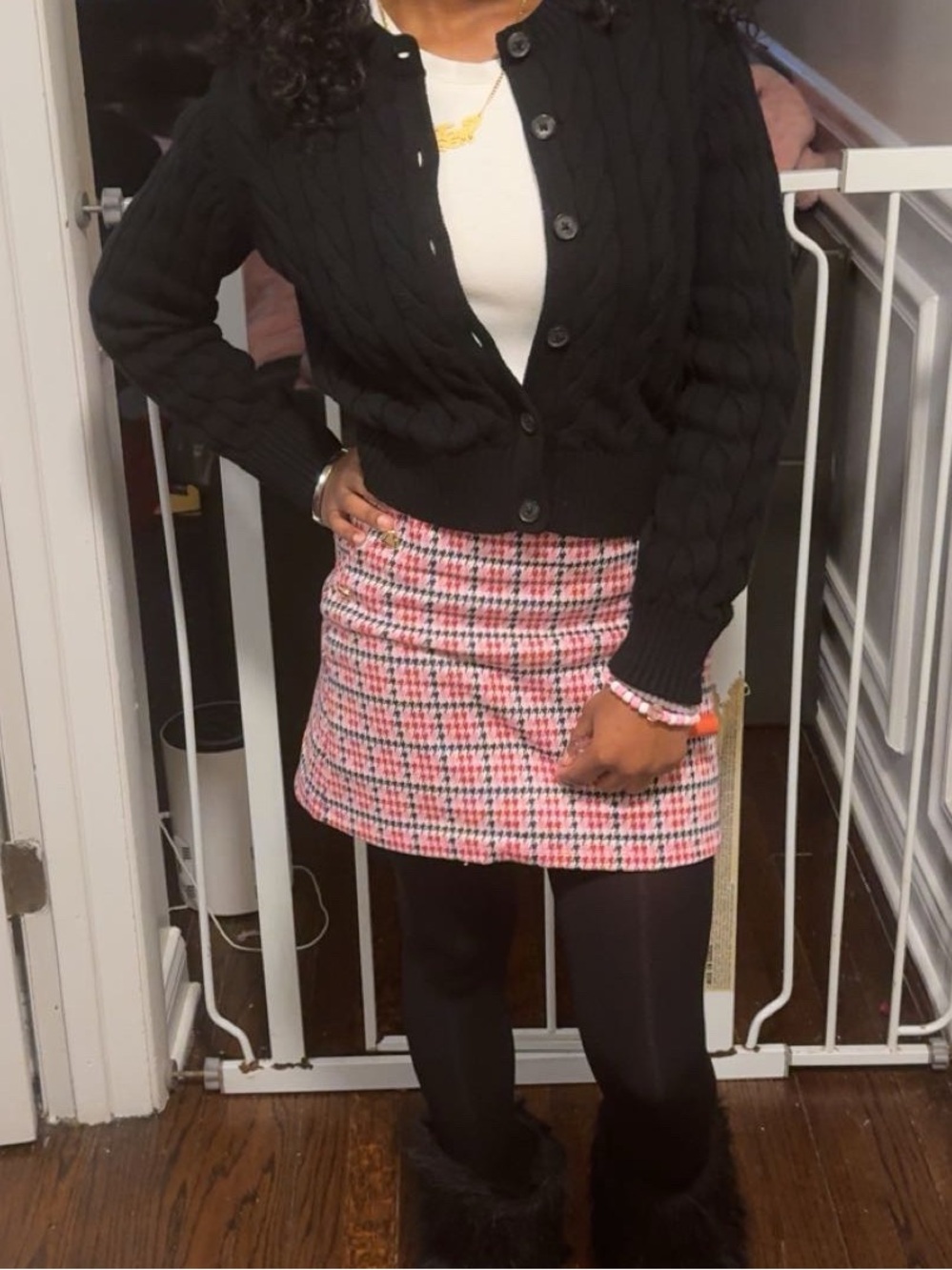 Old Navy Pink and Black Houndstooth Mini Skirt with Gold Buttons